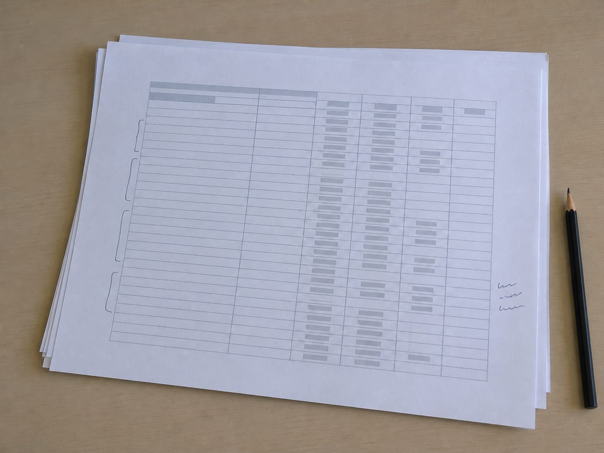 A printed reference table on a desk with several rows bracketed in pencil and a source note written in the margin