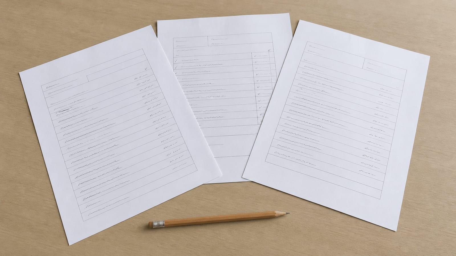 Three printed quote documents fanned across a desk so all three are visible, each with ruled line items, no figures legible