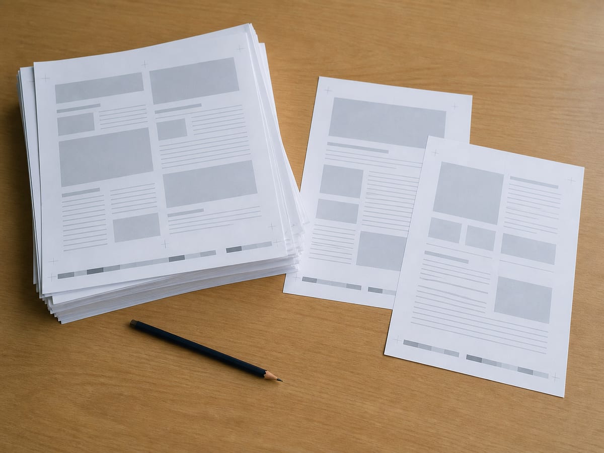 A short stack of printed page proofs with two sheets pulled clear and set aside to one side of the desk