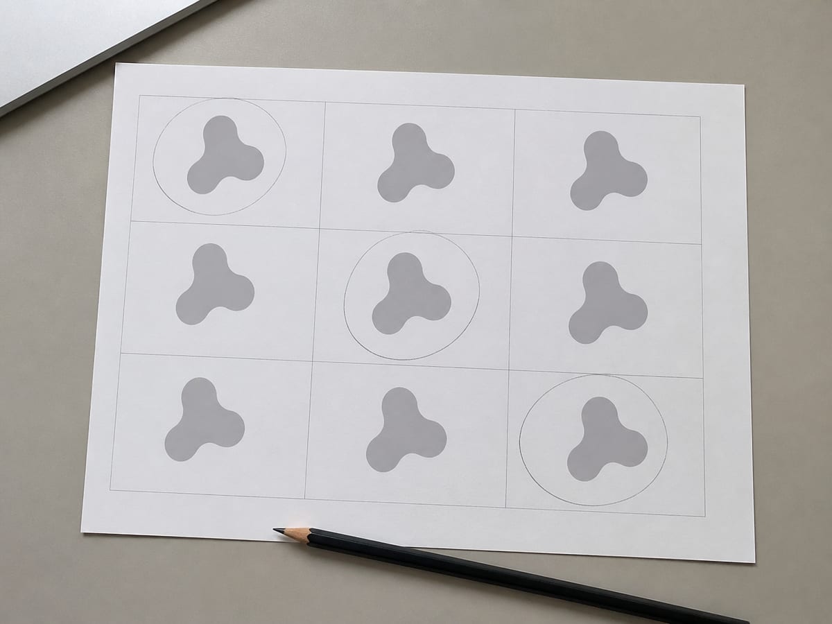 A printed sheet on a desk carrying the same plain grey shape repeated in a grid of nine cells, three of the cells ringed in pencil, a pencil resting along the lower edge