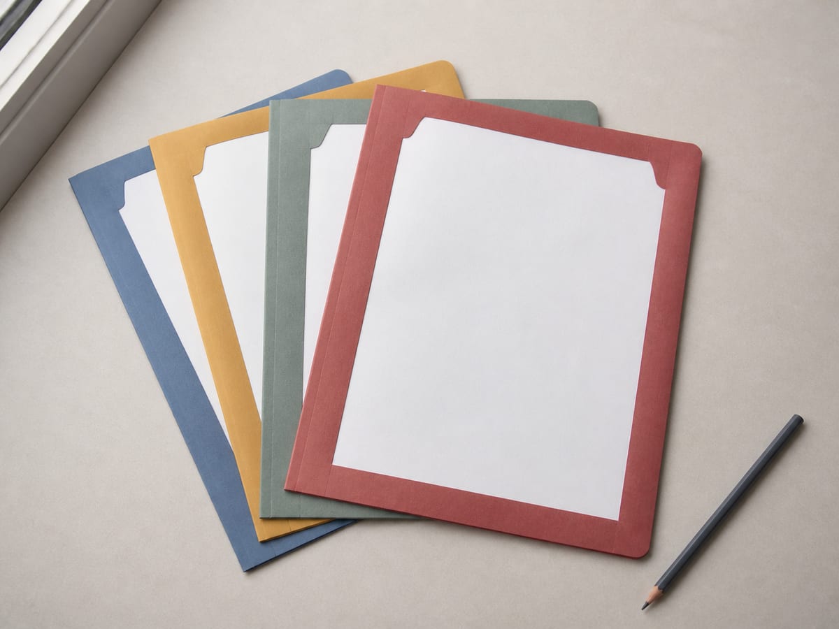 A small stack of labelled paper file sleeves on a desk, each sleeve a different colour and holding a single sheet, fanned just enough that all four sleeves are visible