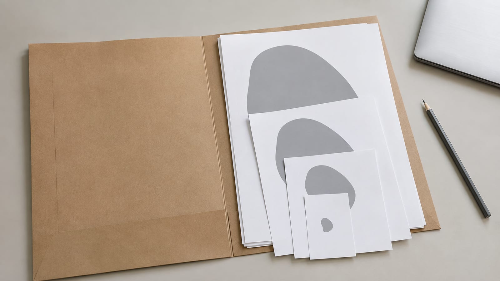 An open cardboard file folder on a desk holding a small set of printed proof sheets, each carrying the same plain grey abstract shape printed at a different size from thumbnail to full page, the sheets squared into a neat pile