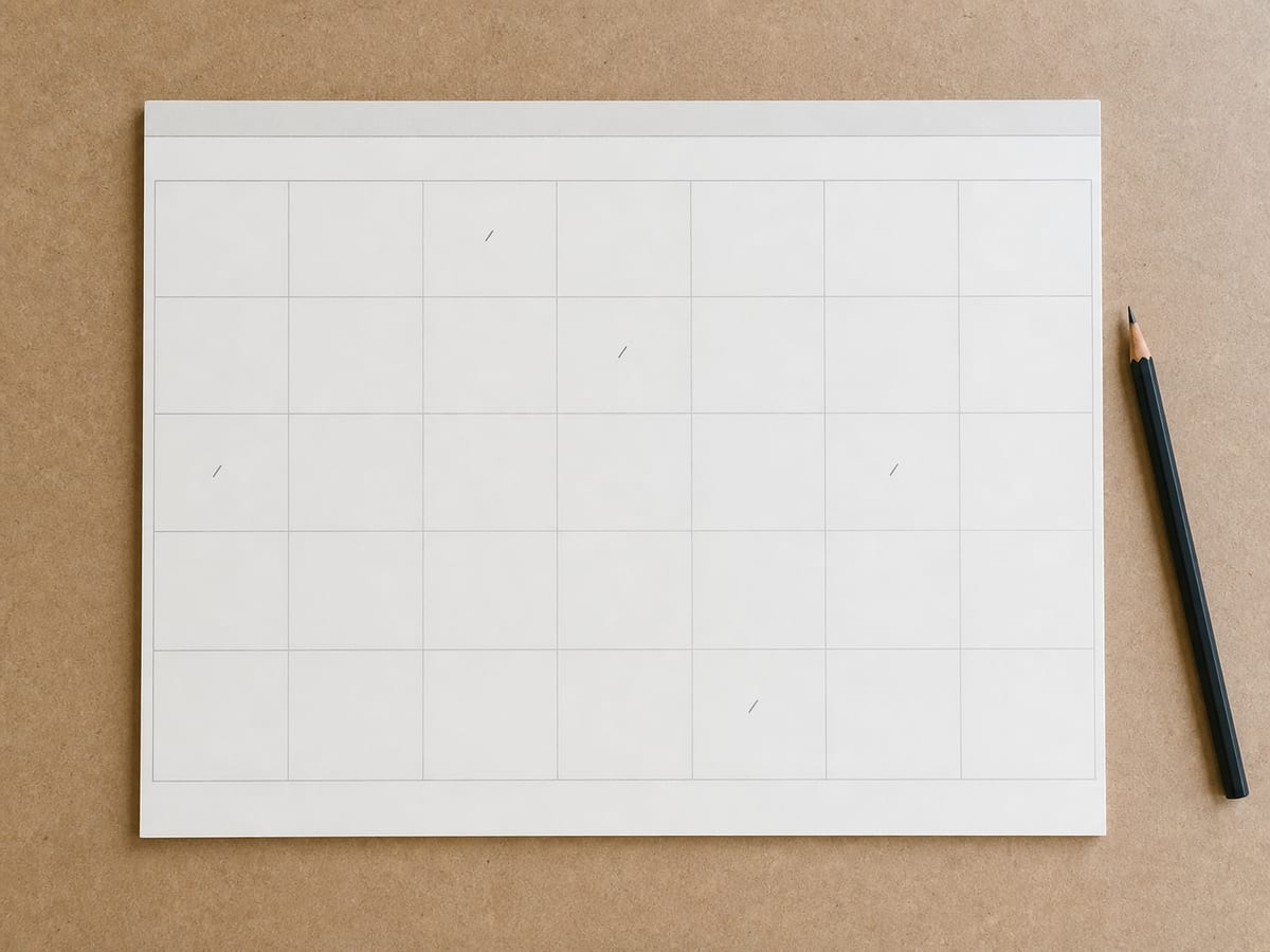 A month-to-view paper wall planner lying flat on a bench, a handful of days marked with a single handwritten tick each and the rest empty, seen from directly above