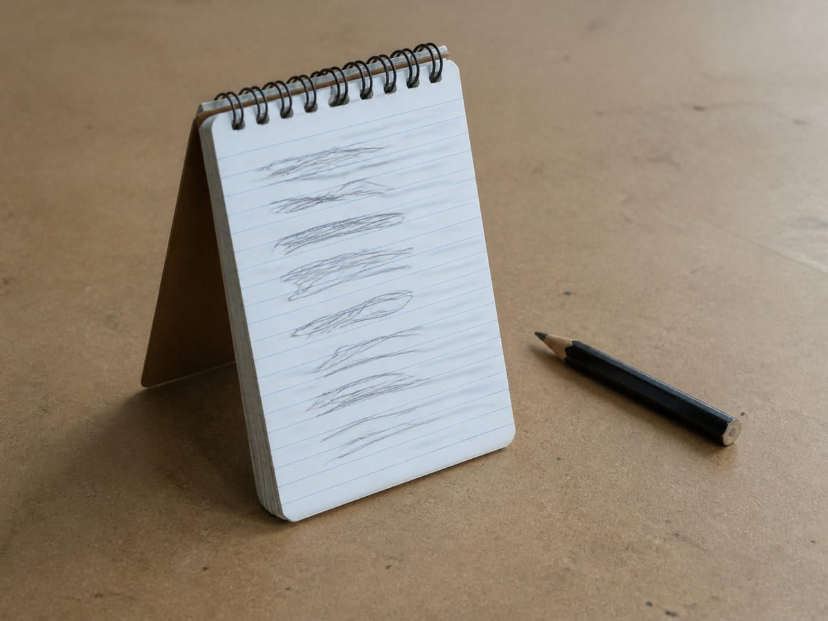 A spiral-bound pocket notebook standing open on a workbench beside a stub of carpenter's pencil, a short handwritten list running down the visible page