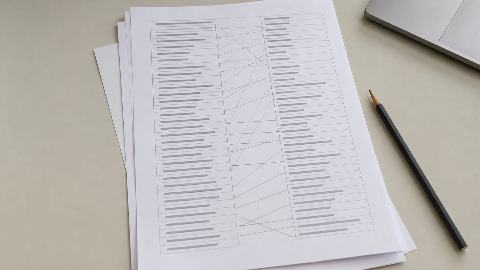 A printed address-mapping table across a desk, two columns of rows with pencil lines drawn from left to right between them