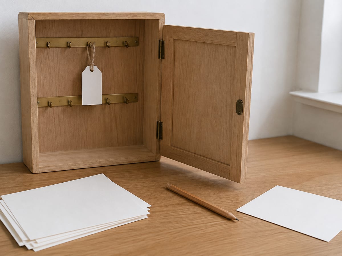 A printed one-page website ownership record on a desk with rows for registrar, expiry date, nameservers, hosting, admin login, business email, recovery email and last tested backup, most rows filled in by hand