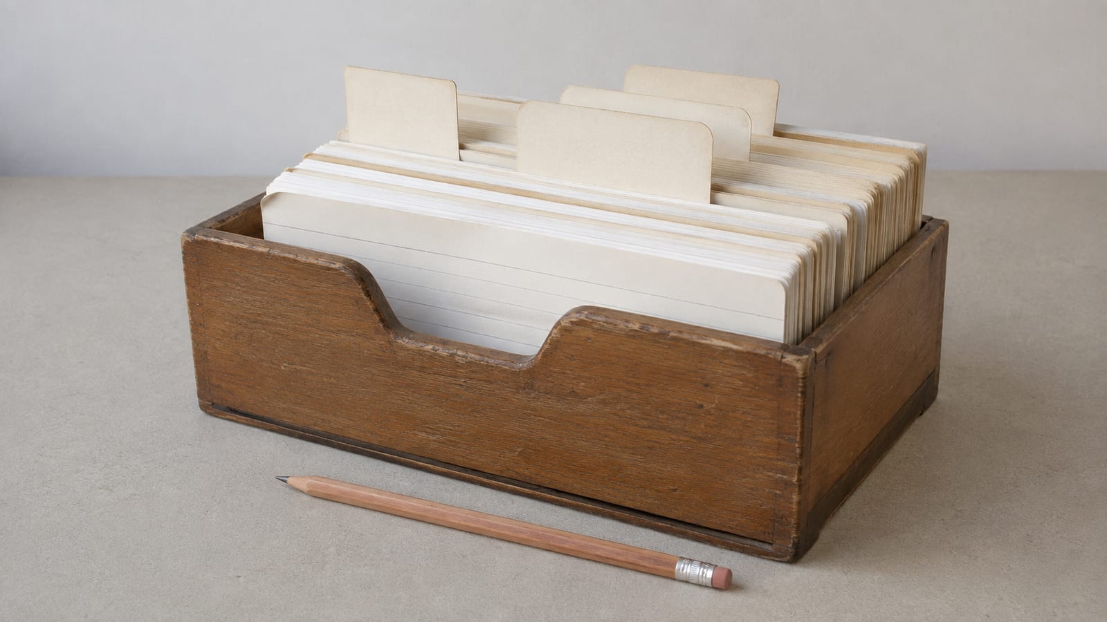 A wooden card index box open on a desk with the cards standing upright and slightly tilted, a few alphabet dividers taller than the rest, the box clearly long used