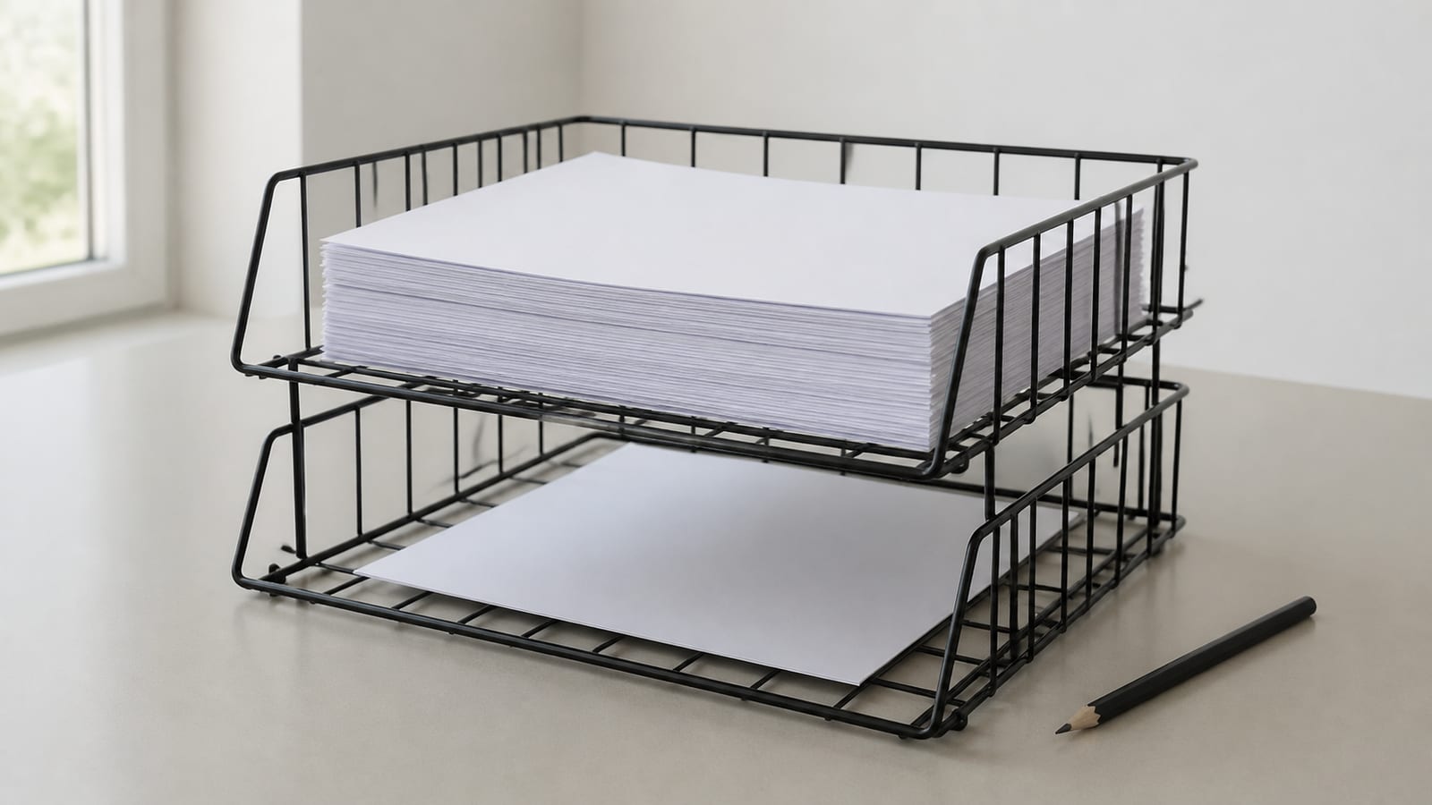 A stacked pair of wire desk trays on a plain surface, the upper tray holding a thick bundle of identical printed dockets and the lower tray nearly empty, the difference in depth obvious