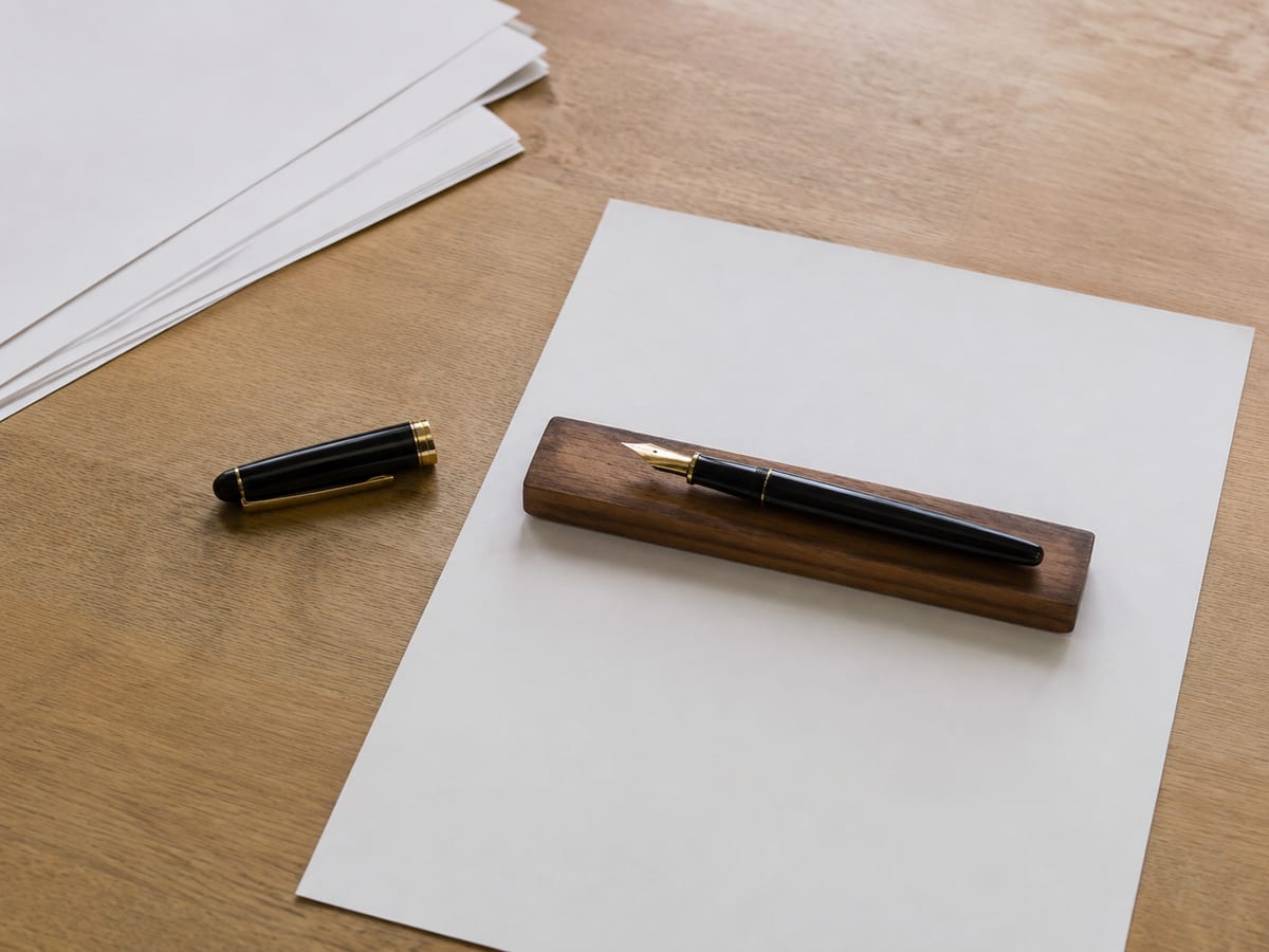 A printed one-star review on a desk beside a folder holding an invoice and a handwritten note with three headings: resolve, report, escalate, with one ticked