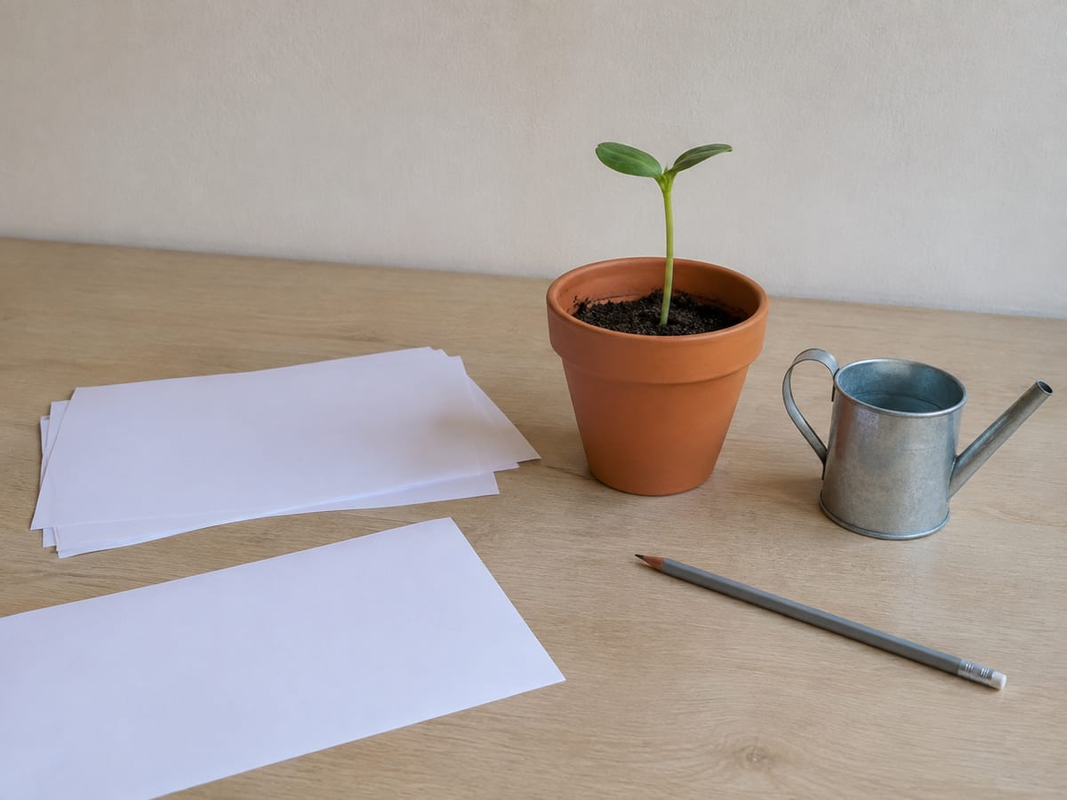 A notebook page with two columns headed urgent and considered, listing services under each, beside a laptop showing a search results page