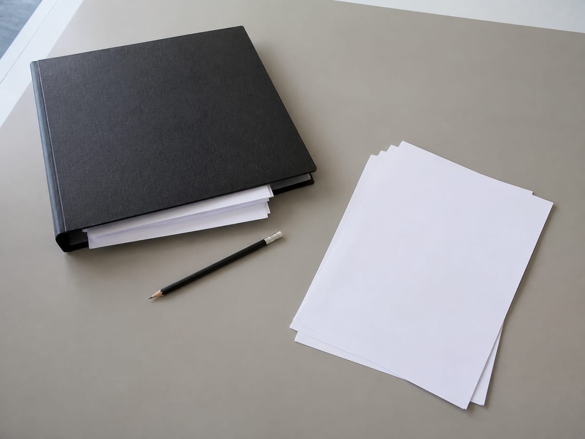 The same ring binder closed on the desk with three loose sheets protruding unevenly from between its covers