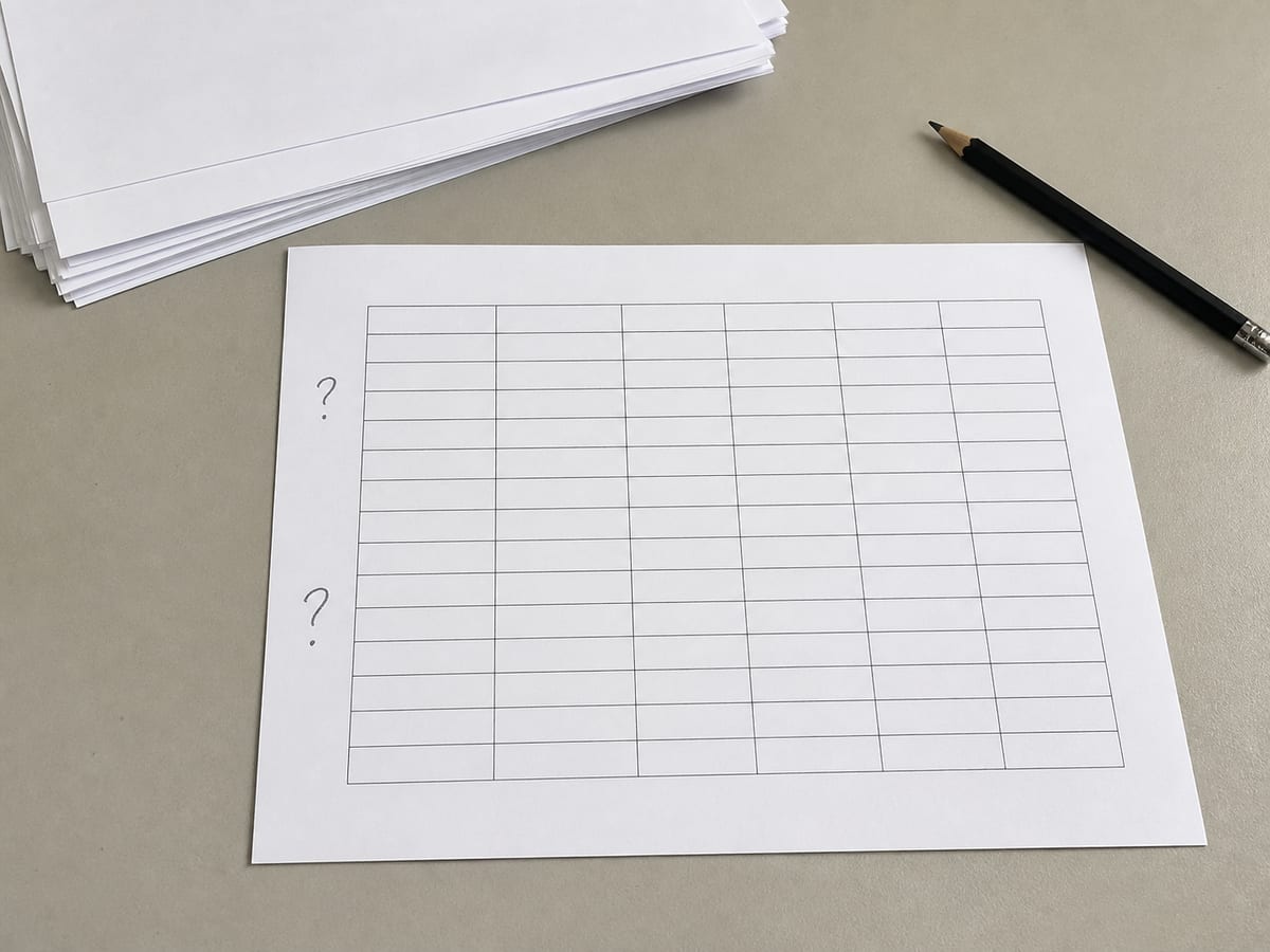 A printed table on a desk ruled into rows with a short handwritten question mark set in the margin beside two of the rows