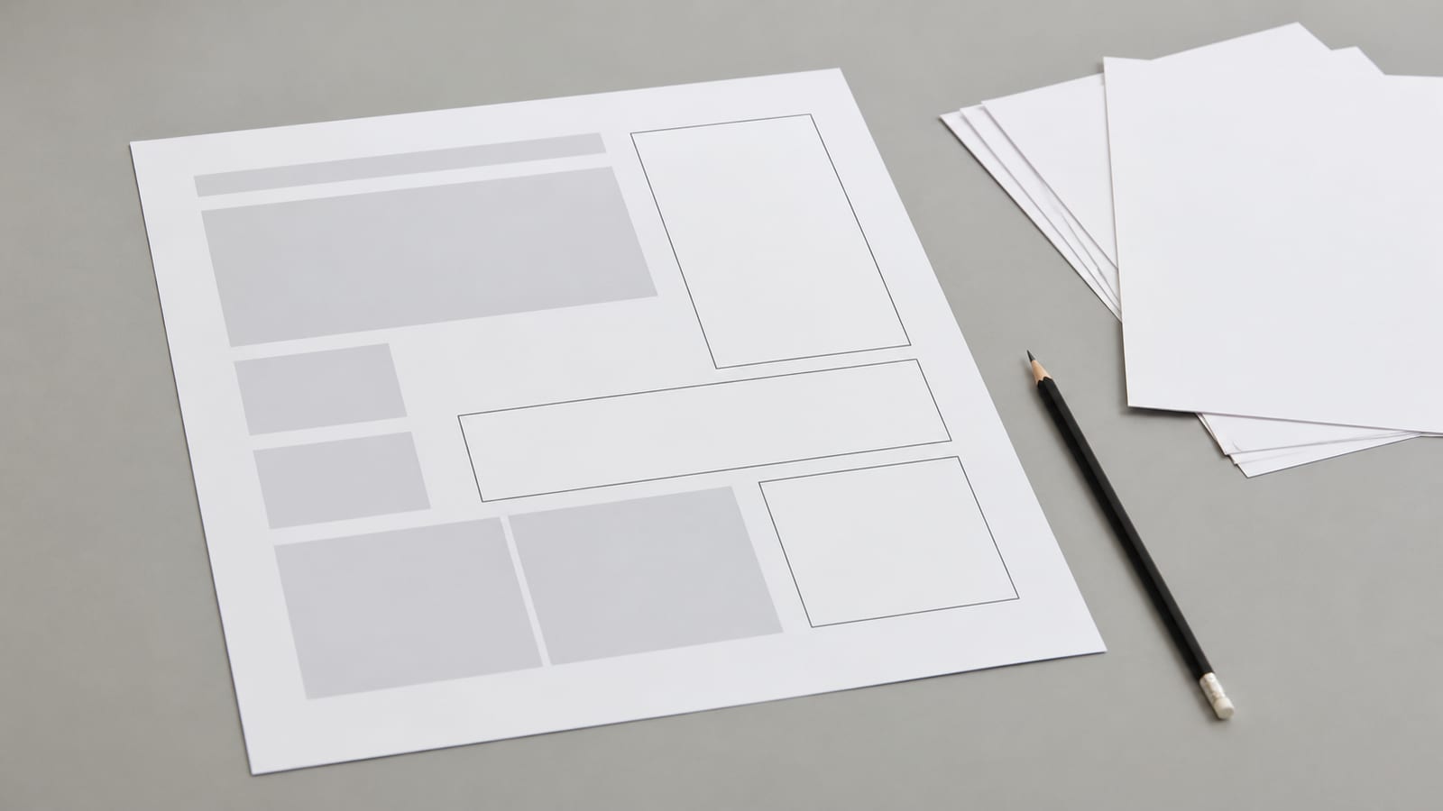 A printed proof sheet on a desk showing a plain grey page layout, with three of its blocks left as empty outlined rectangles while the rest are filled, a pencil resting beside it