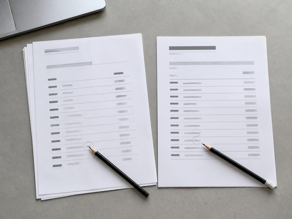 Two printed proposals laid side by side, their line items clearly a different length, a pencil marking one row on each
