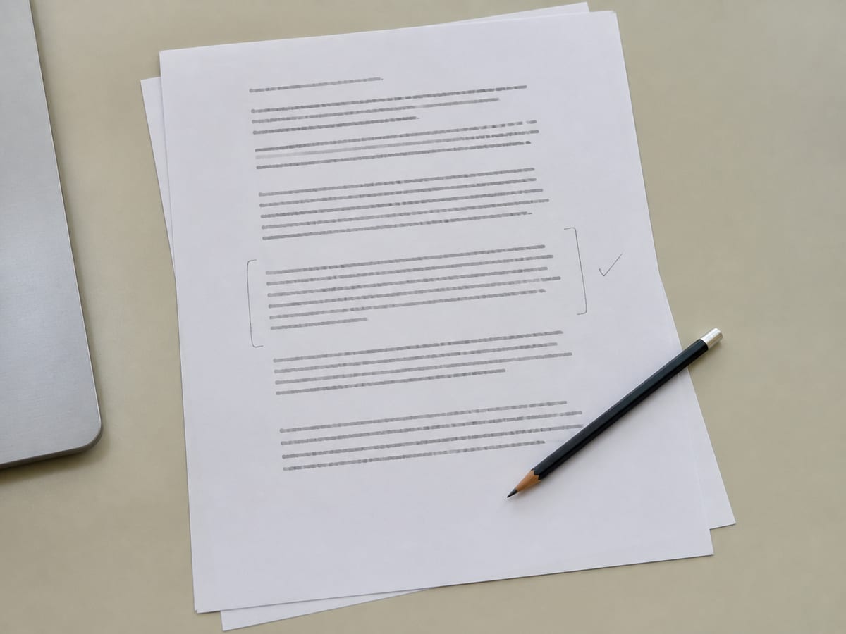 A printed page with one short paragraph bracketed in pencil and a tick written beside it in the margin