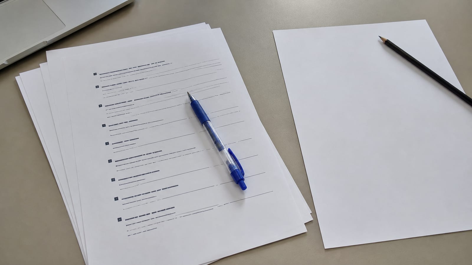 A printed list of questions on a desk with a pen resting on it and a second, blank sheet beside it for the answers
