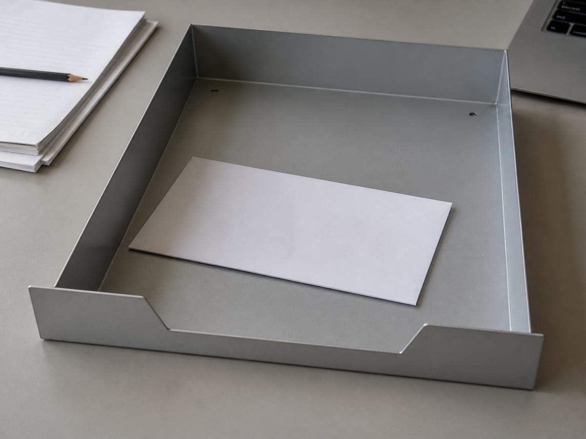A single plain envelope resting alone in an otherwise empty mail tray on the desk