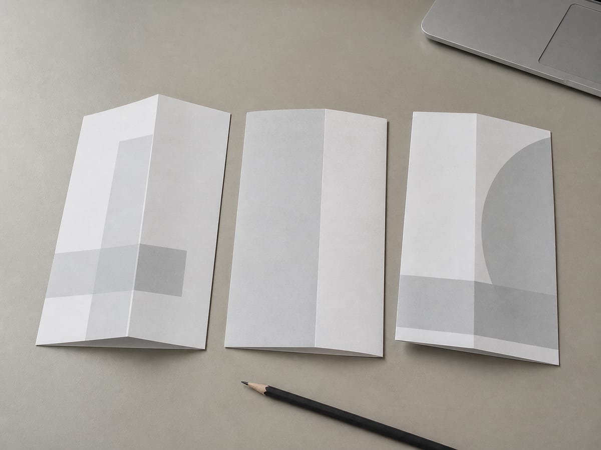 Three identical printed leaflets laid in a row on the desk, each folded to show a different one of its panels