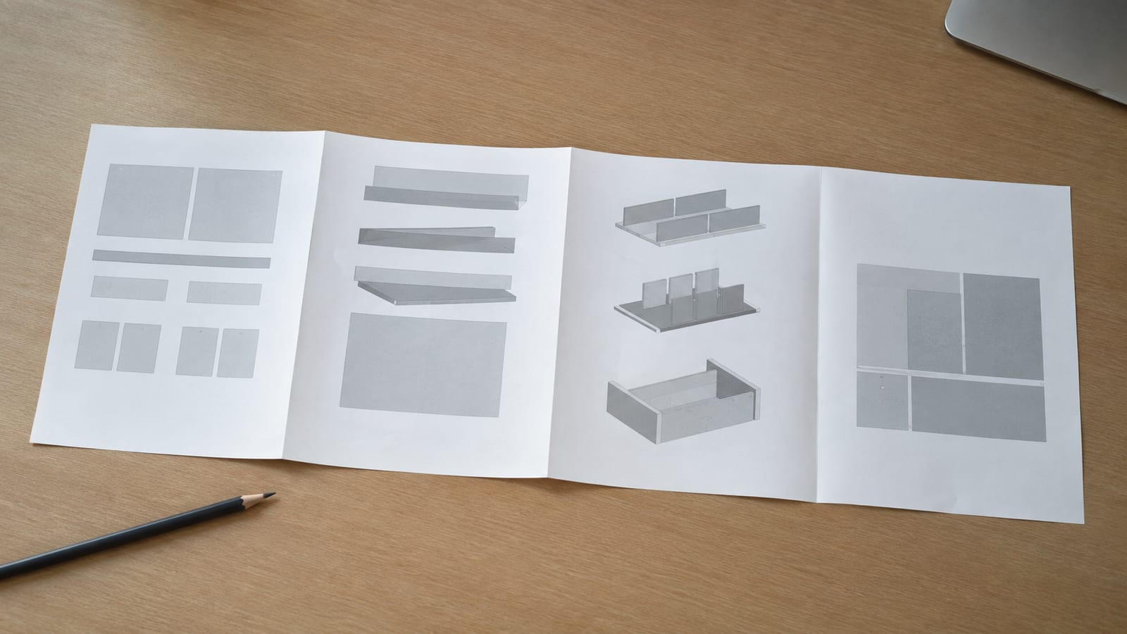 A flat-pack style printed instruction leaflet unfolded across a desk into four panels, each panel carrying a simple grey diagram, the fold creases still visible