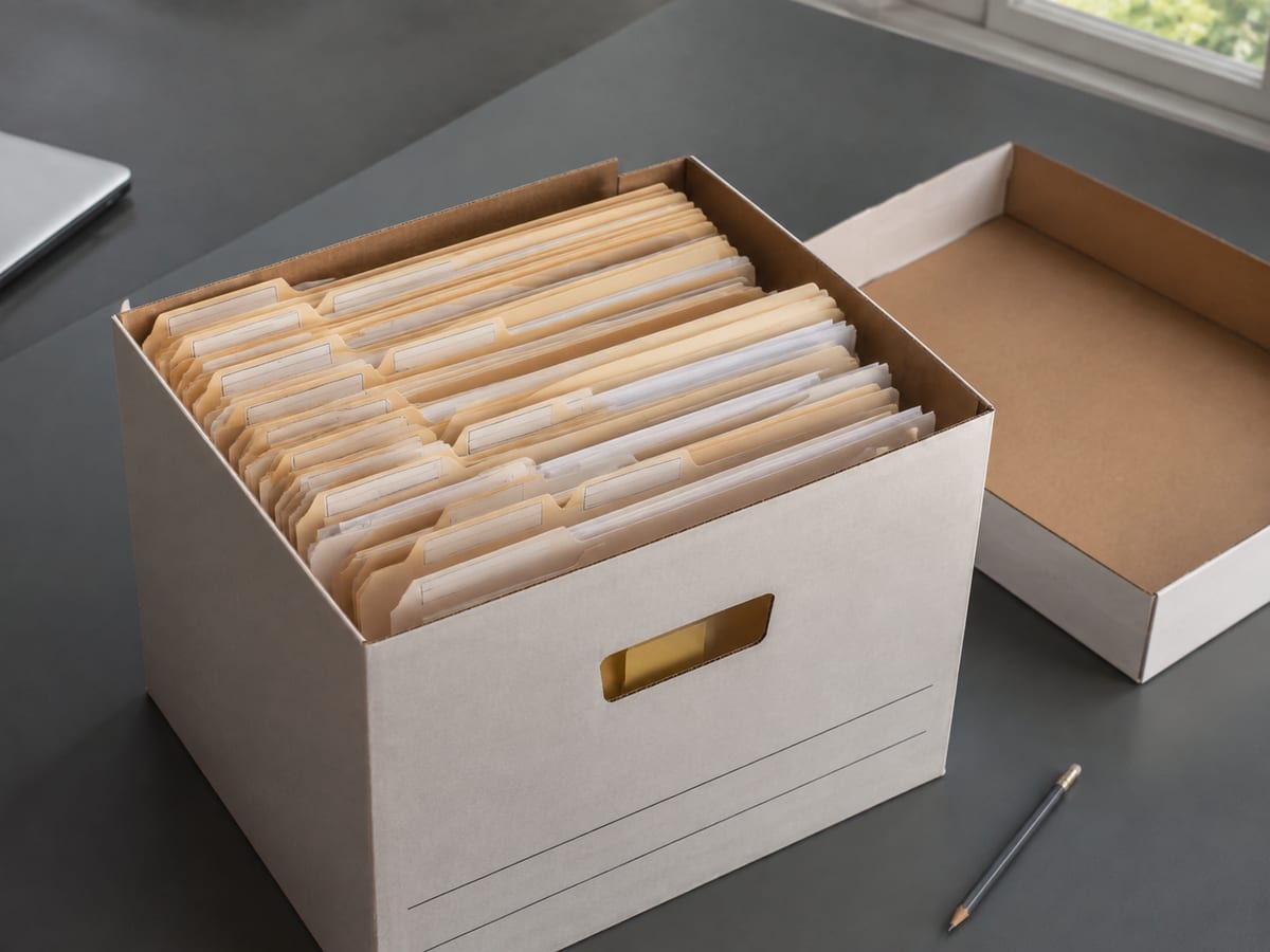 A plain archive box on a desk with its lid set aside, a run of dated paper folders standing upright inside it