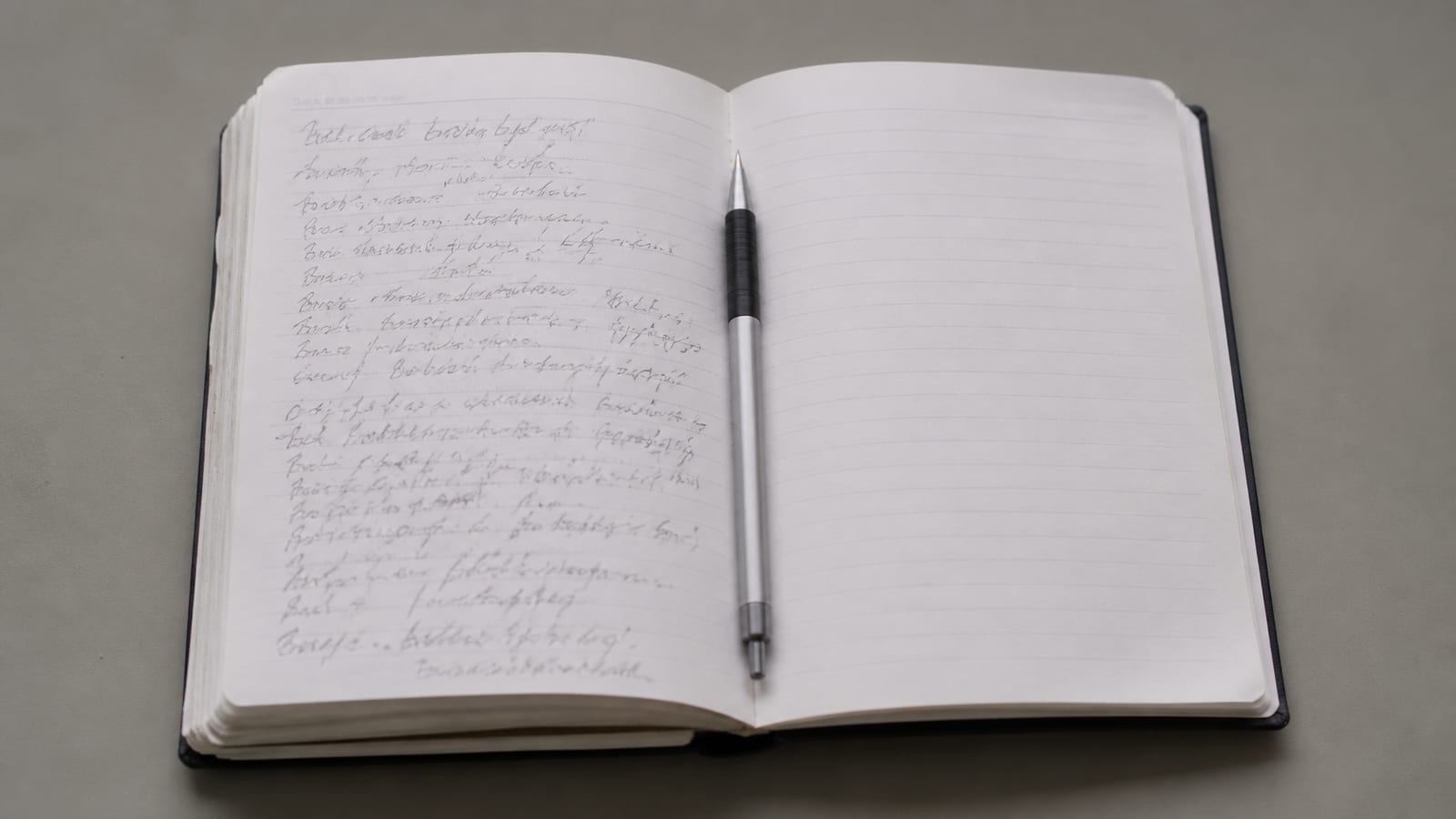 A desk diary open flat at a double-page spread, the left page carrying dense handwritten entries and the right page almost bare, a pen resting in the centre gutter