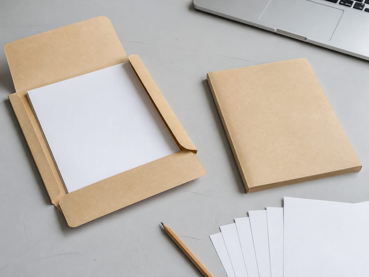 Two buff paper wallets on a desk, one open and one closed, set slightly apart from each other
