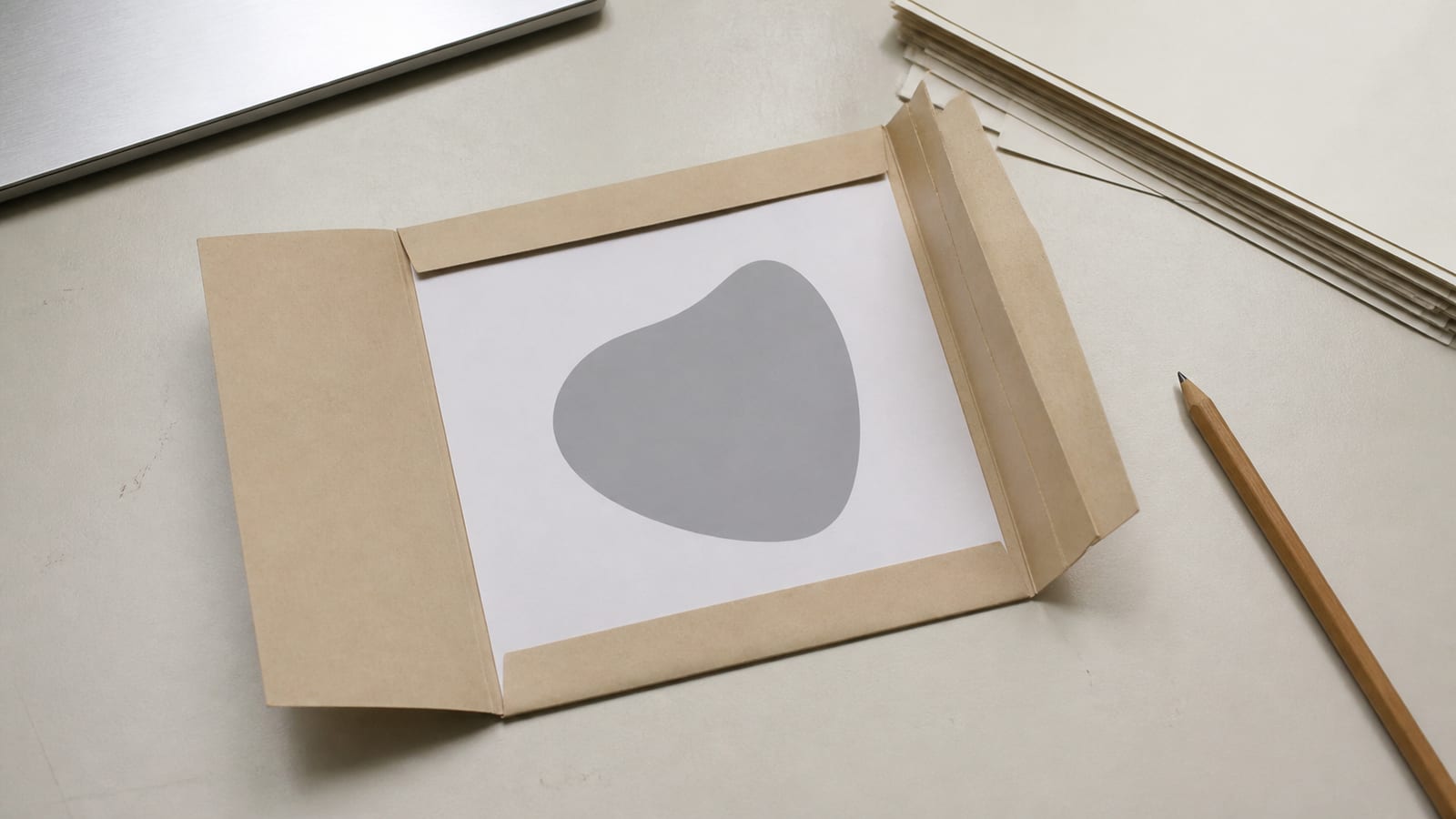 A buff paper wallet on a desk, its flap open, holding a single printed proof sheet that carries one plain grey abstract shape centred on it
