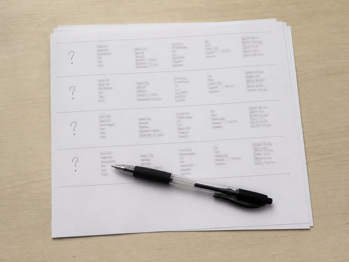 A printed account list on a desk with four rows and a handwritten question mark against each, a pen laid across the lower half