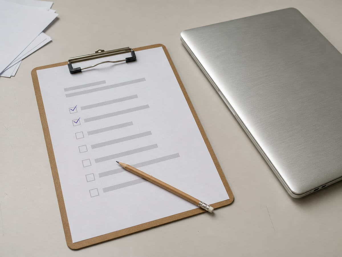 A printed checklist on a clipboard with the first two lines ticked in pen and the rest still open, a laptop closed beside it
