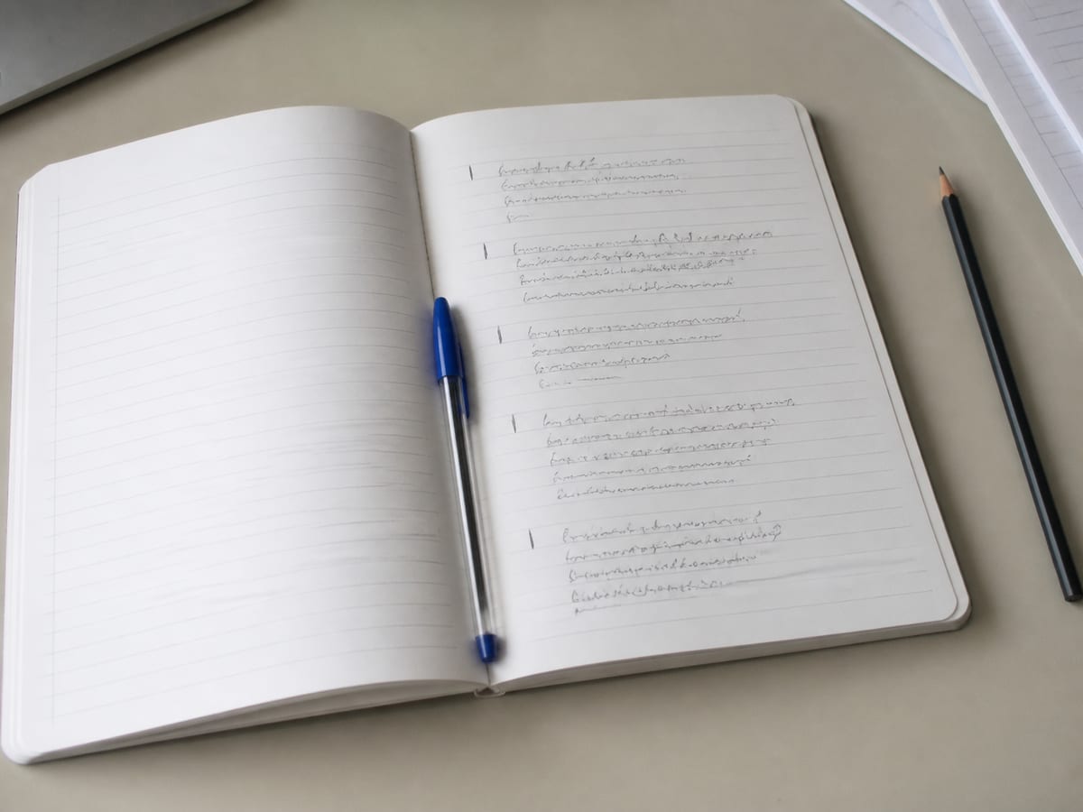 A ruled notebook open on a desk with a short handwritten log of dated entries down the page, a pen resting in the gutter