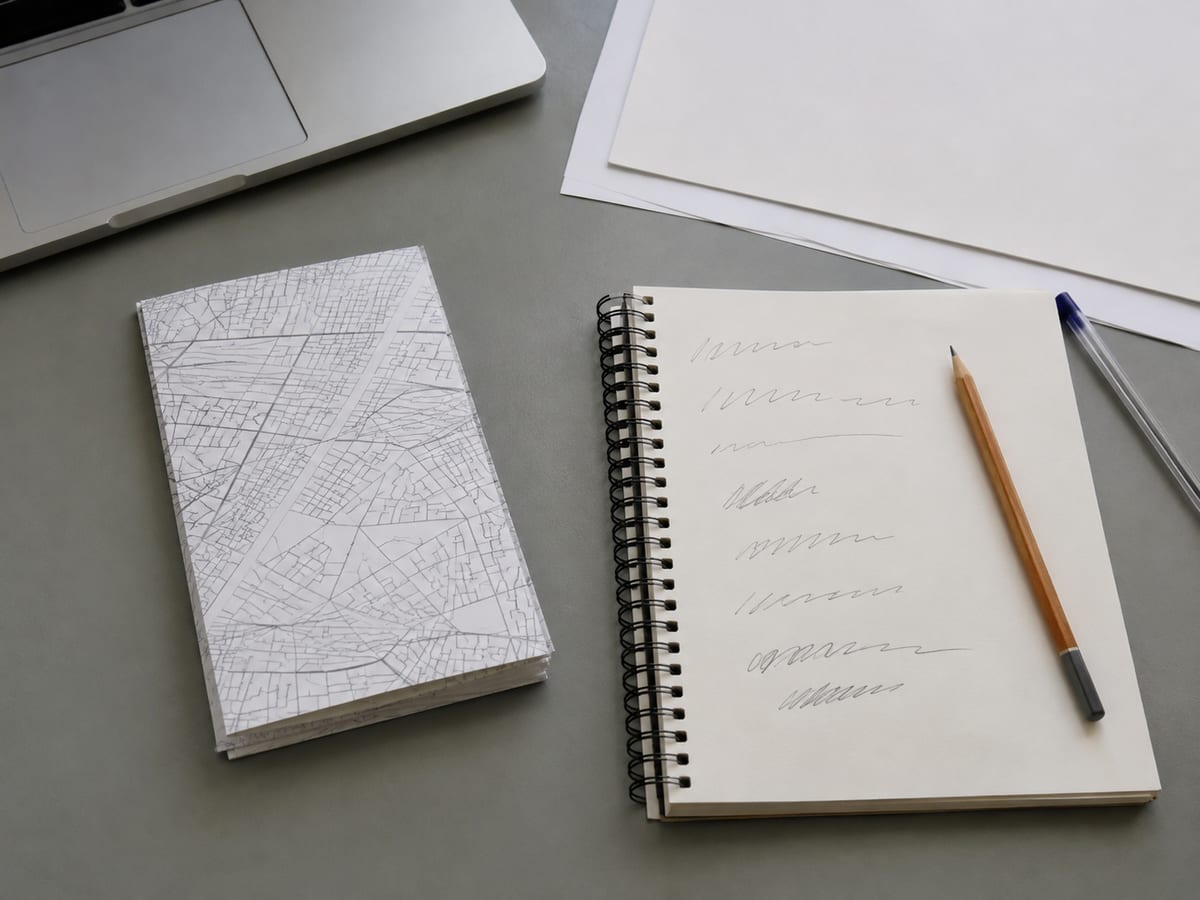The paper street map folded back down to a single panel and set on the desk beside a spiral notebook open at a page of short handwritten entries