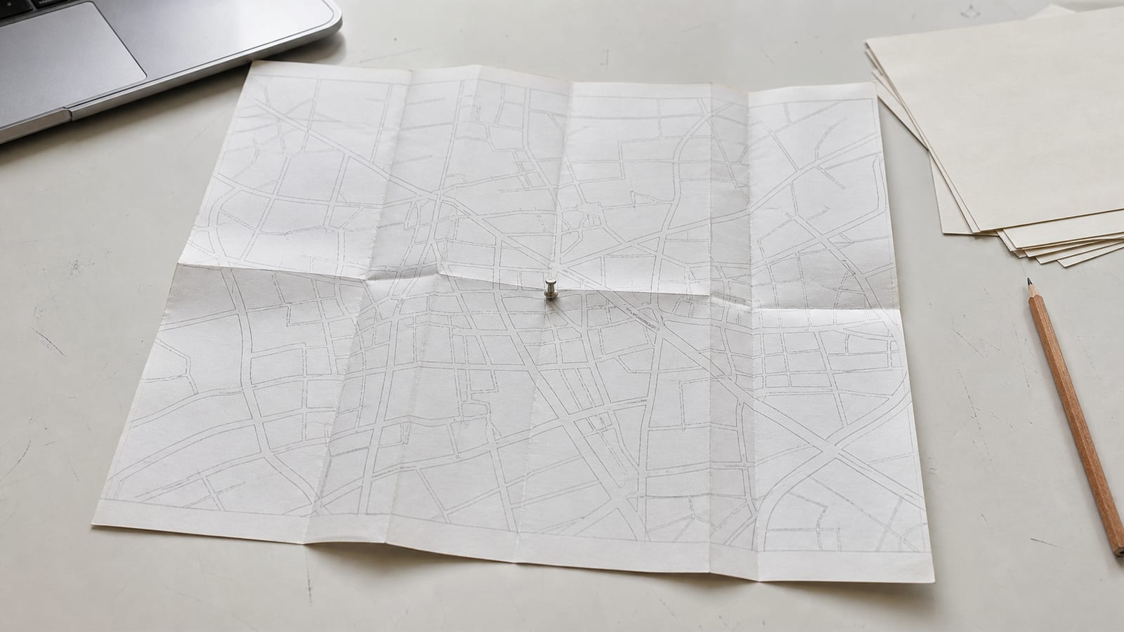 A folded paper street map opened out across a desk, its creases pronounced, a single small plain pin standing in it, the surrounding streets carrying no readable place names