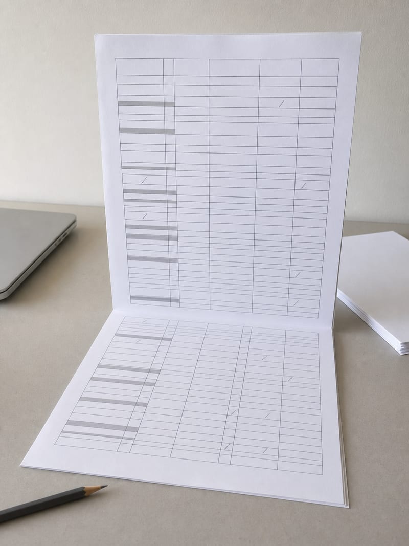 A tall printed audit document standing open on a desk, its pages showing ruled tables with several rows marked in pencil