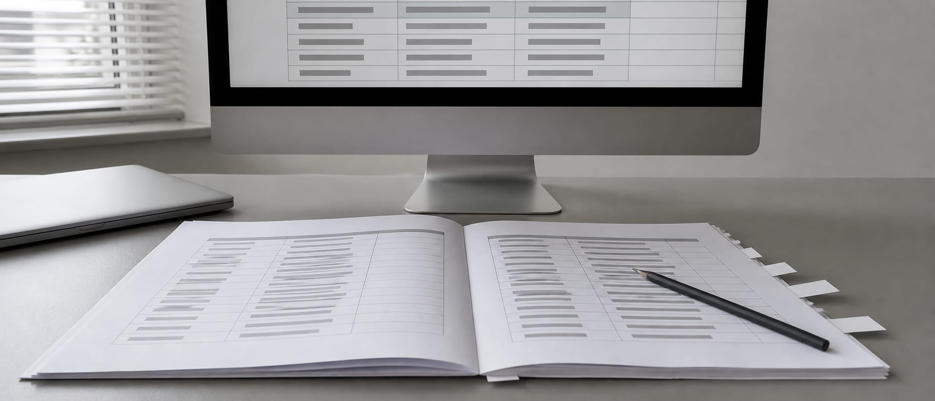 A wide desk with a printed site audit open across it, sections tabbed with small paper flags, and a monitor at the back showing a plain table of rows