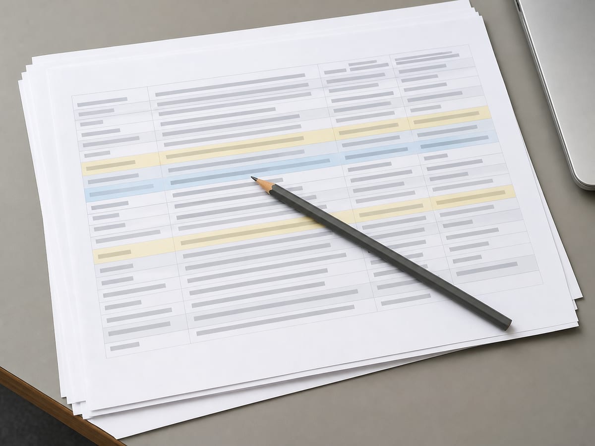 A printed crawl report on a desk, rows highlighted in two different colours, a pencil laid diagonally across the sheet