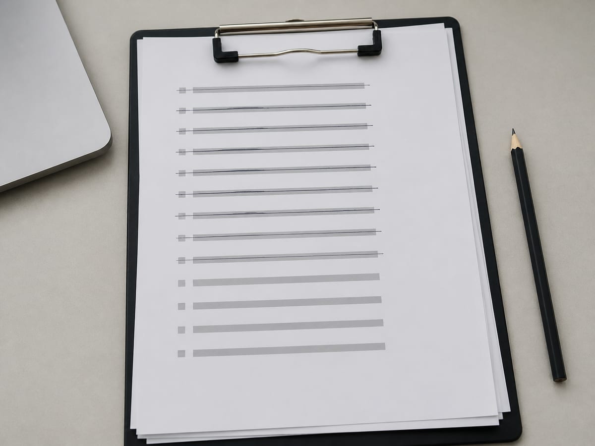 A printed list of broken links and redirect rules on a clipboard, most lines struck through in pen, a few still open
