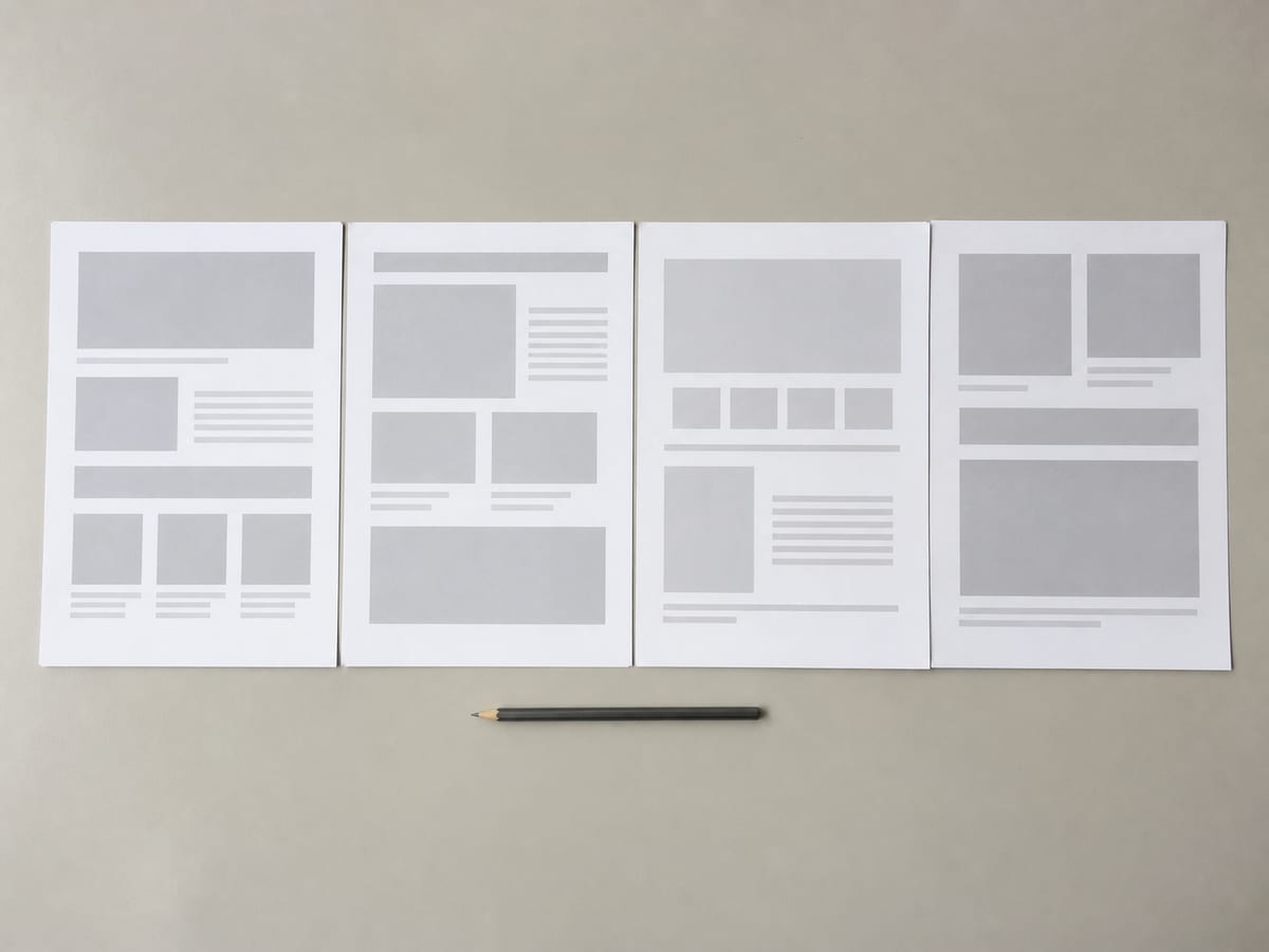 A row of printed single-page proofs laid out edge to edge on a table, each a different page, seen from directly above