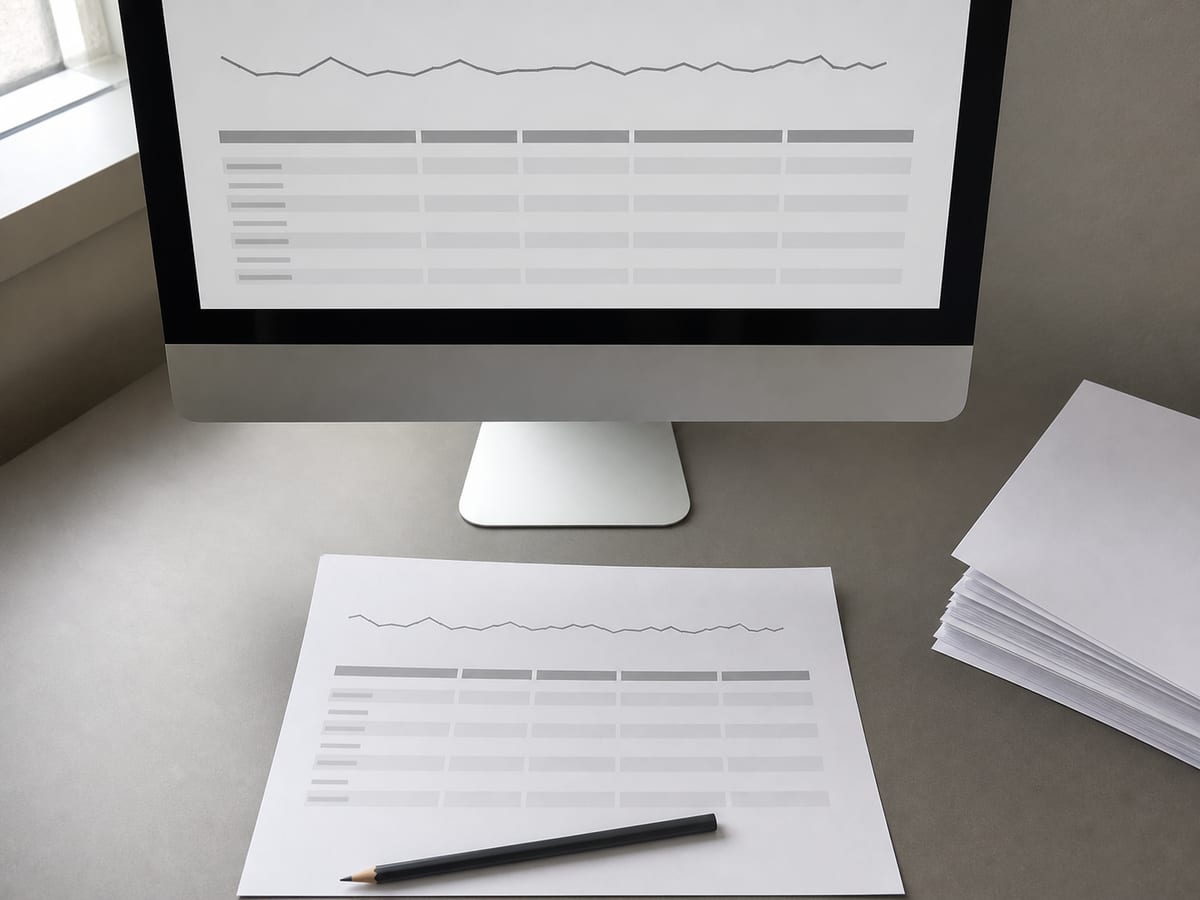 A monitor showing a plain line-and-table analytics view in monochrome, a printed sheet of the same figures on the desk in front of it, no upward trend implied
