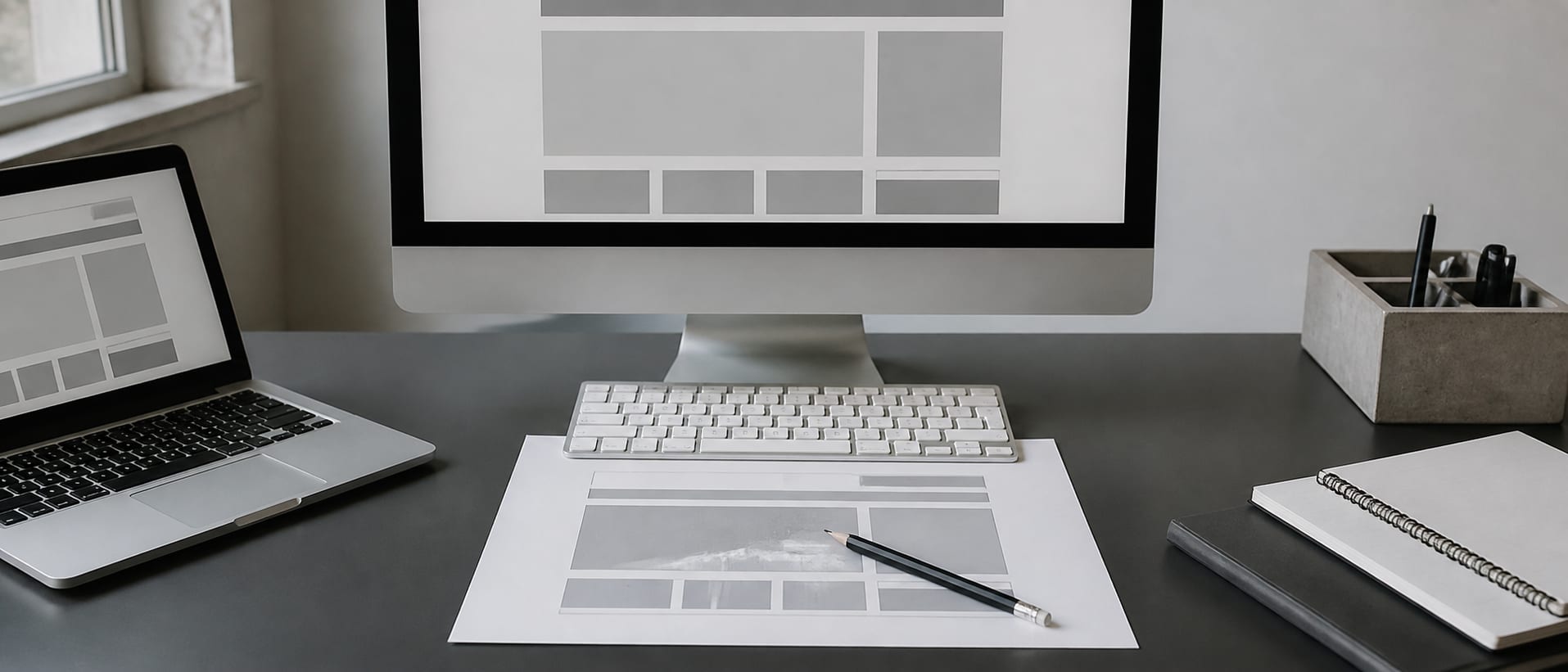Website design work on a desktop screen: a wide desk with a desktop monitor showing a plain grey page layout, a printed proof of the same layout lying in front of the keyboard, and a pencil resting across it