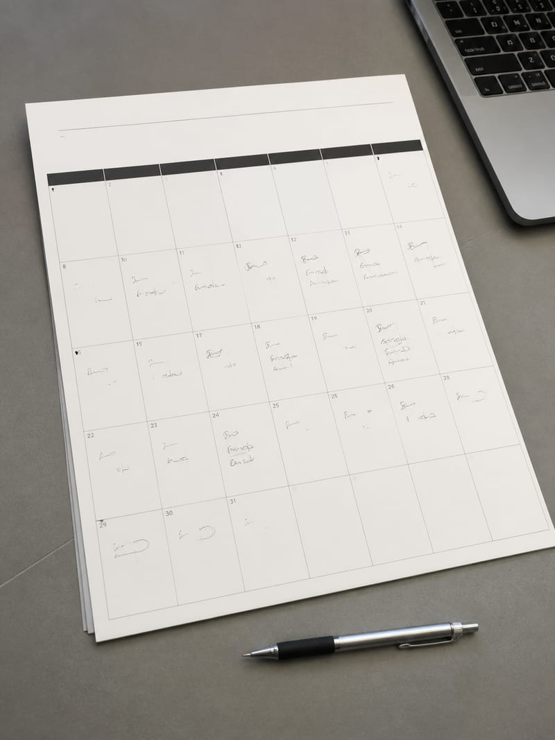 A tall printed monthly calendar grid on a desk, several cells filled in by hand, a pen resting in the lower margin