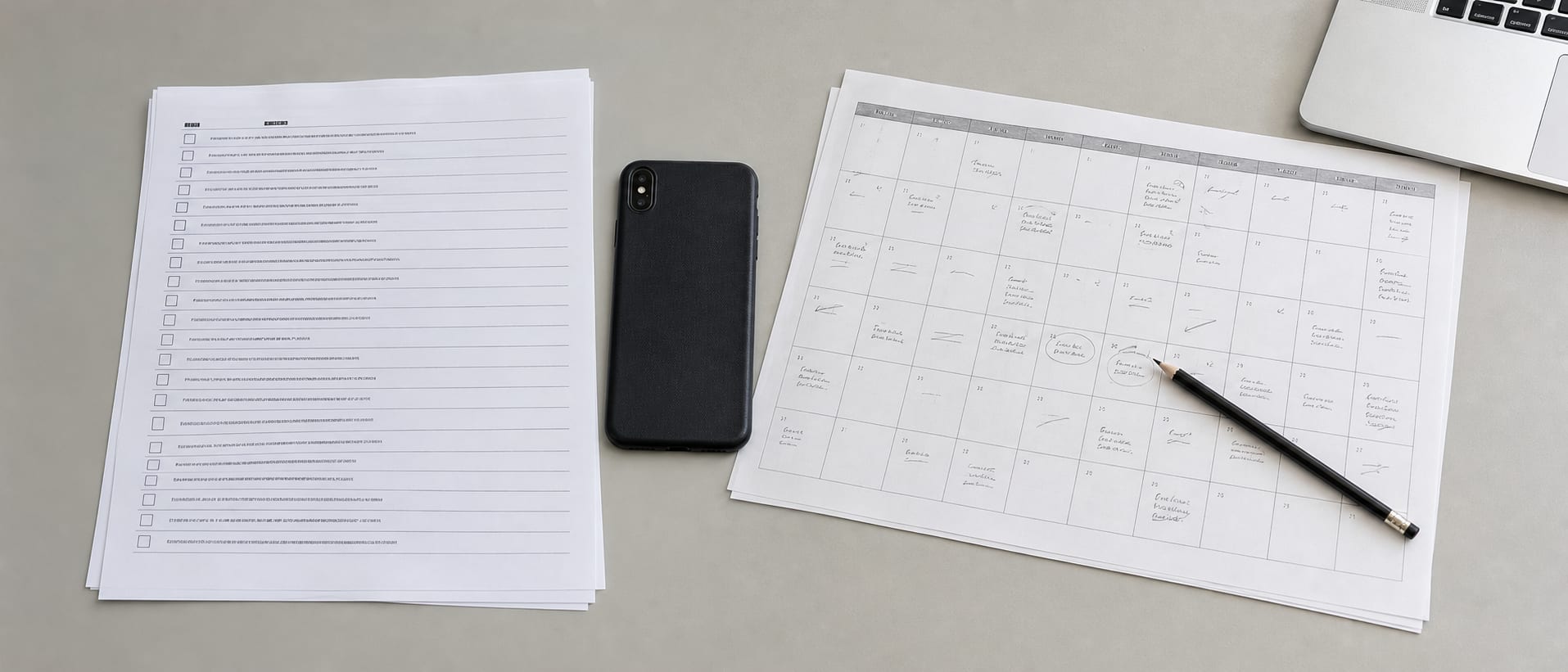 A wide desk with a printed profile inventory sheet, a phone lying face down beside it, and a printed content calendar grid marked up in pencil