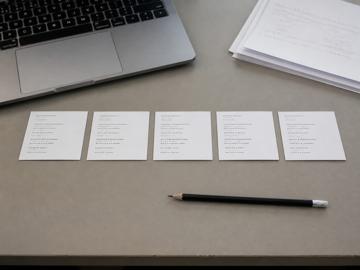 Five printed cards laid in a row, each carrying the same short block of business details, aligned so the lines match across all five