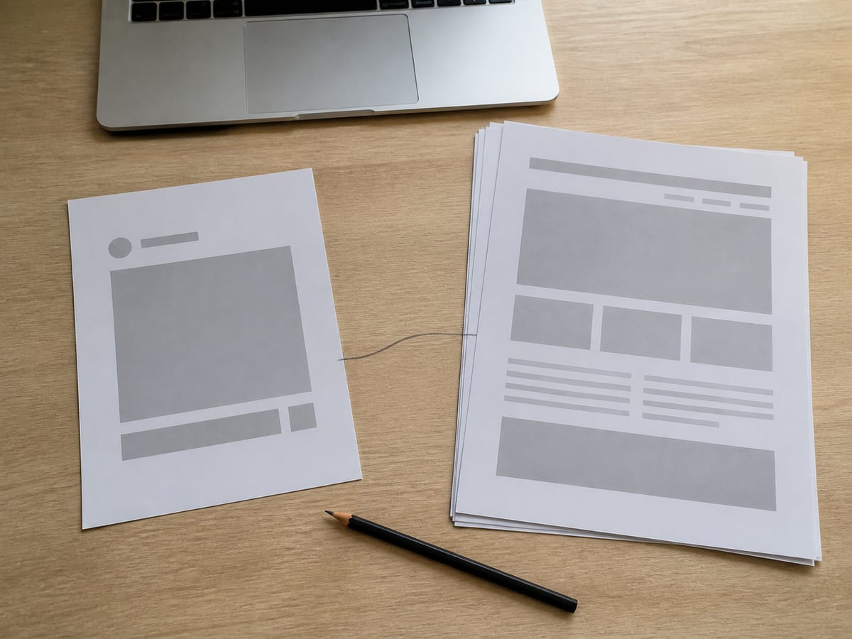 A printed post layout on a desk with a pencil line drawn from it to a printed web page beside it, both sheets plain and untitled