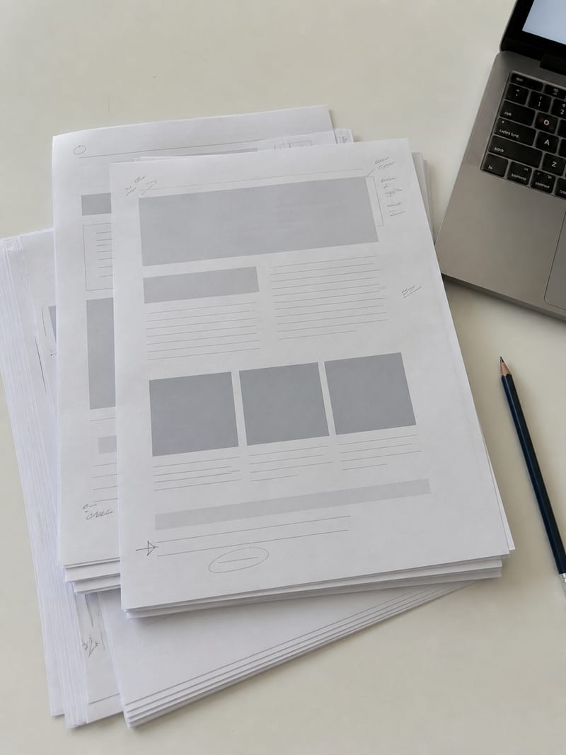 A tall stack of printed website page proofs on a plain surface, the top sheet showing a simple page layout in grey blocks, shot from slightly above