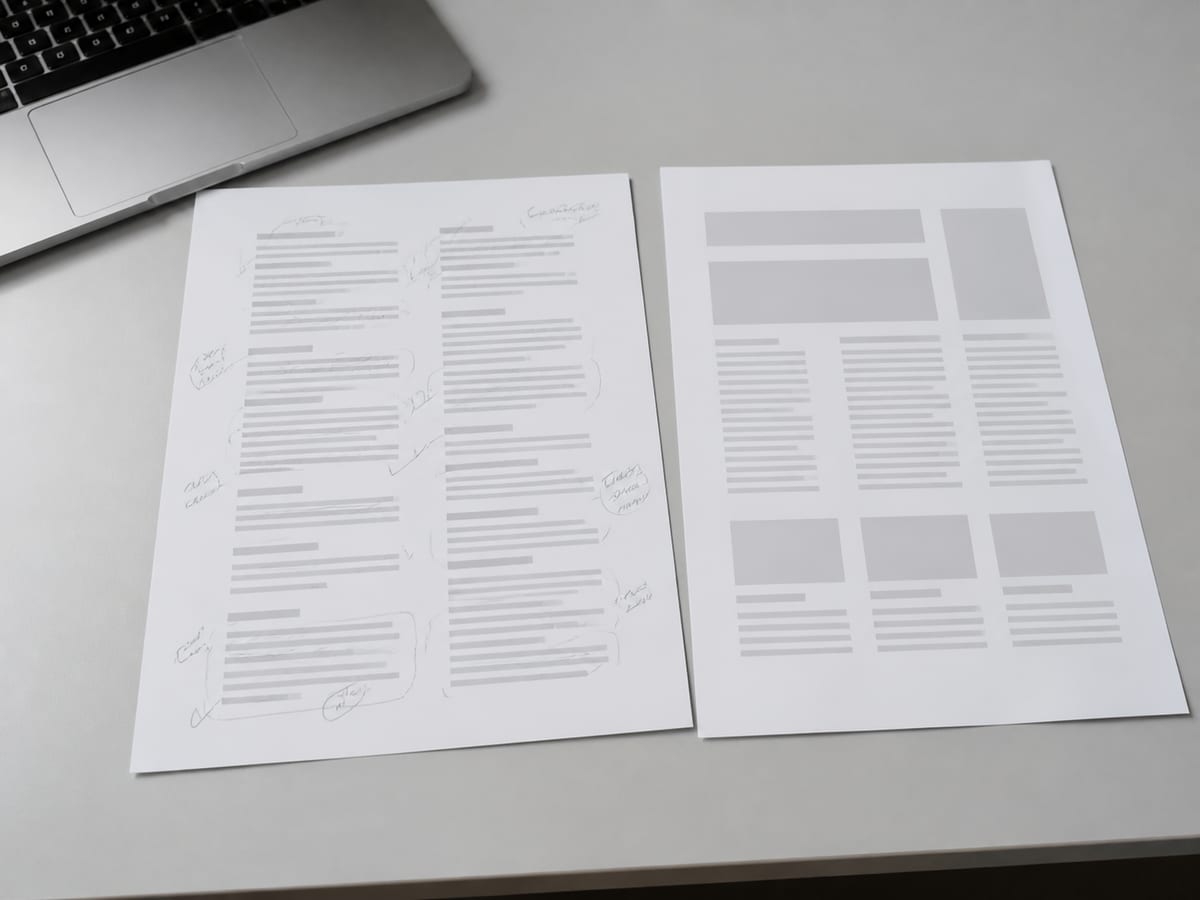 A printed page of body copy covered in handwritten pencil edits, lying beside an untouched printed layout with empty grey text blocks