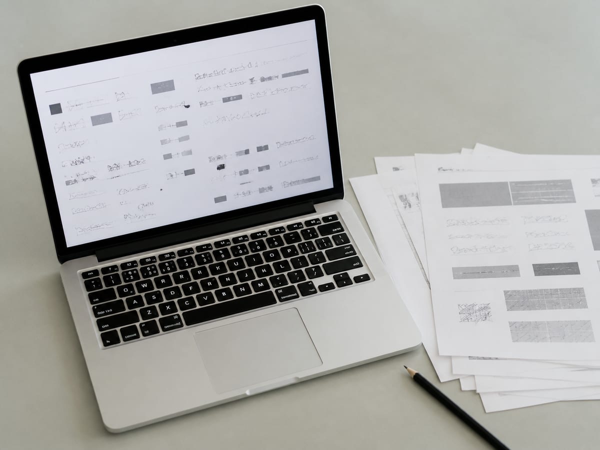 A laptop screen showing a plain page of markup in a code editor, monochrome, with a small stack of printed pages beside the keyboard