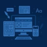 Minimalist illustration of the web design process with desktop, tablet, and mobile wireframes, design tools, and color palette icons on a blue gradient background