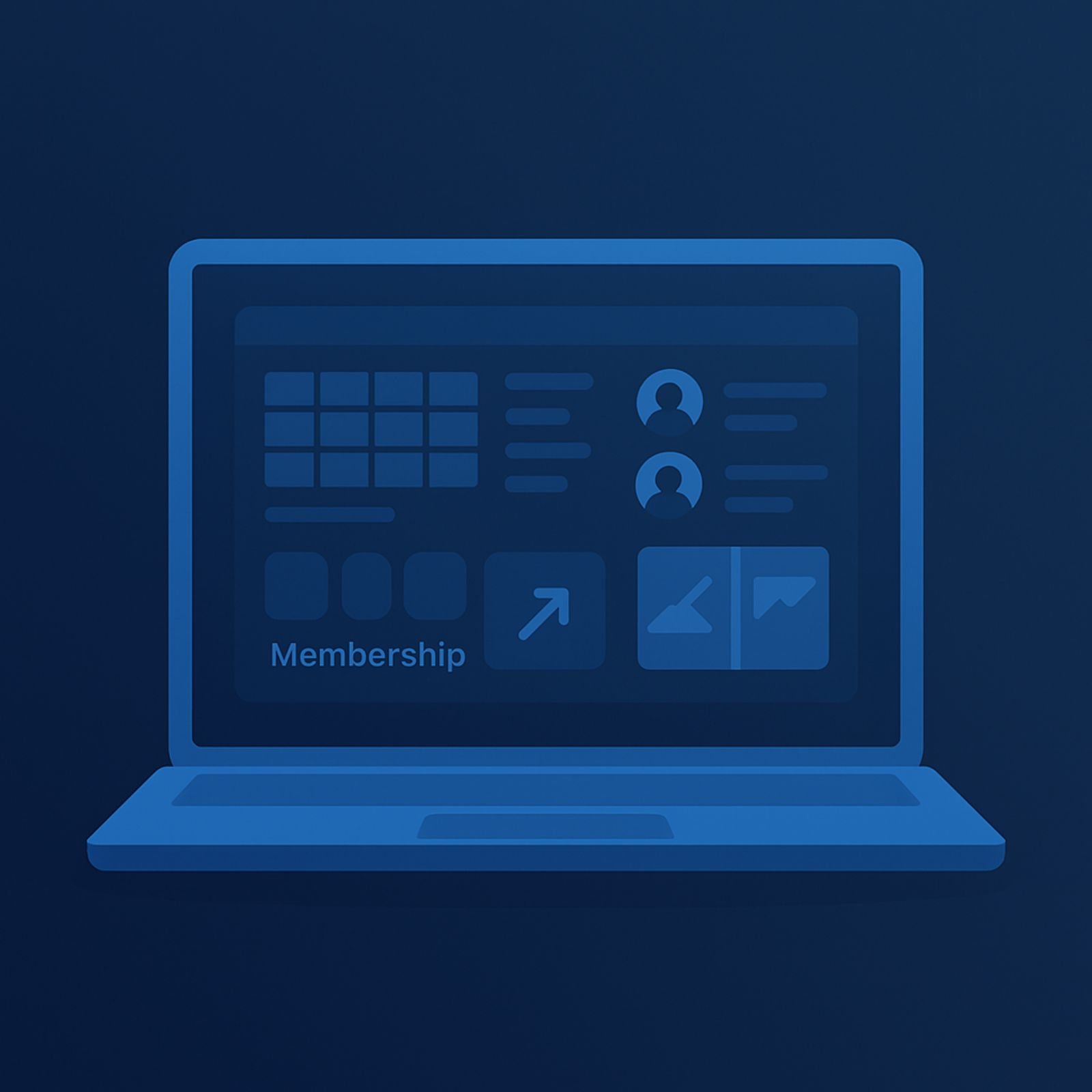 Minimalist fitness and gym website mockup icon on a laptop screen with class schedules, trainer avatars, membership options, and before/after gallery, set on a dark blue background.