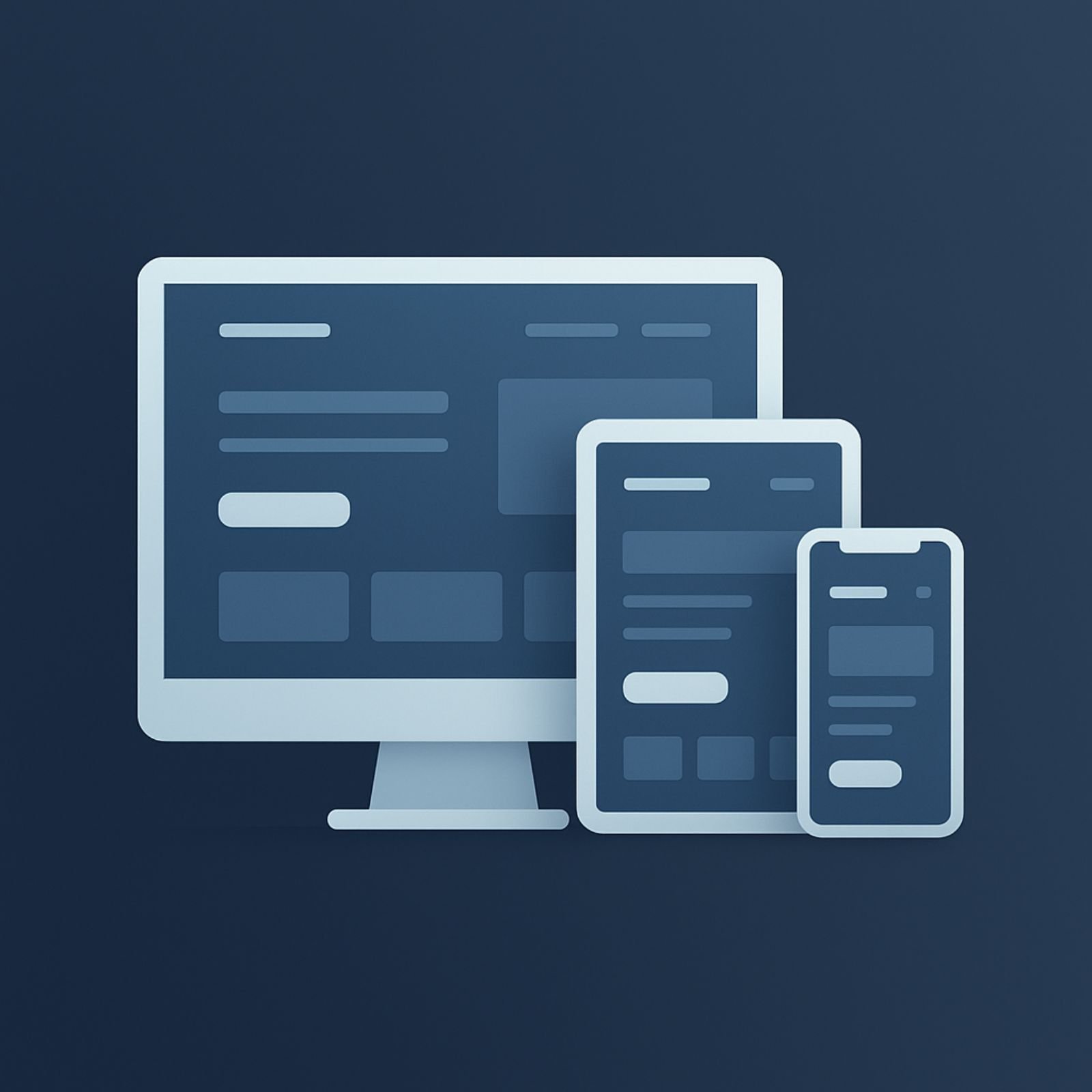 Square illustration showing a responsive website wireframe on a desktop monitor, tablet, and mobile phone with a blue gradient background, SaaS-style layout.