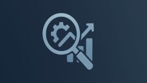 Minimalist SEO icon showing a white magnifying glass with a gear and analytics graph on a dark blue gradient background, designed for SaaS and marketing platforms.